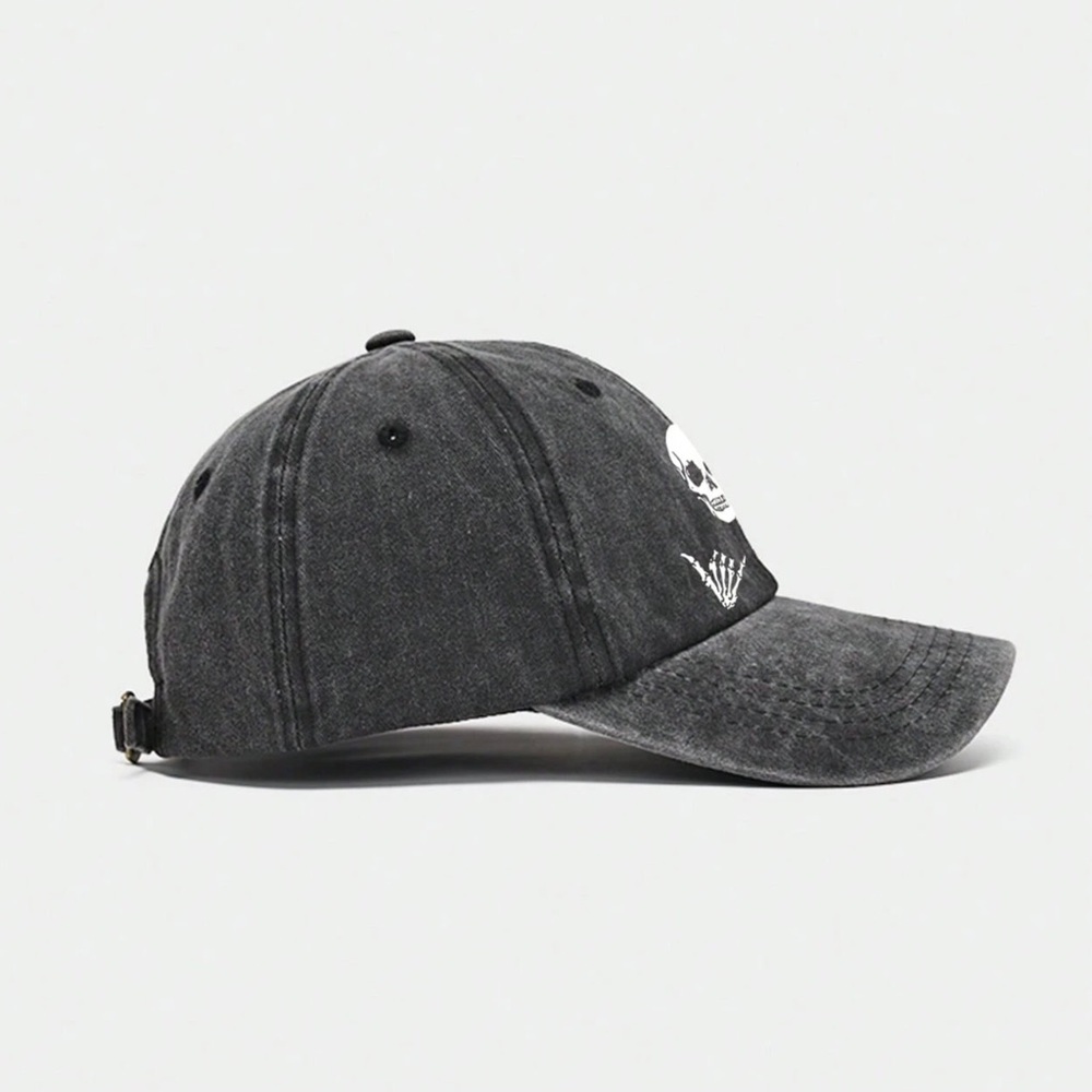 Baseball Hat Skull Print Hang Loose Adjustable Unisex Washed Black - Picture 9 of 13